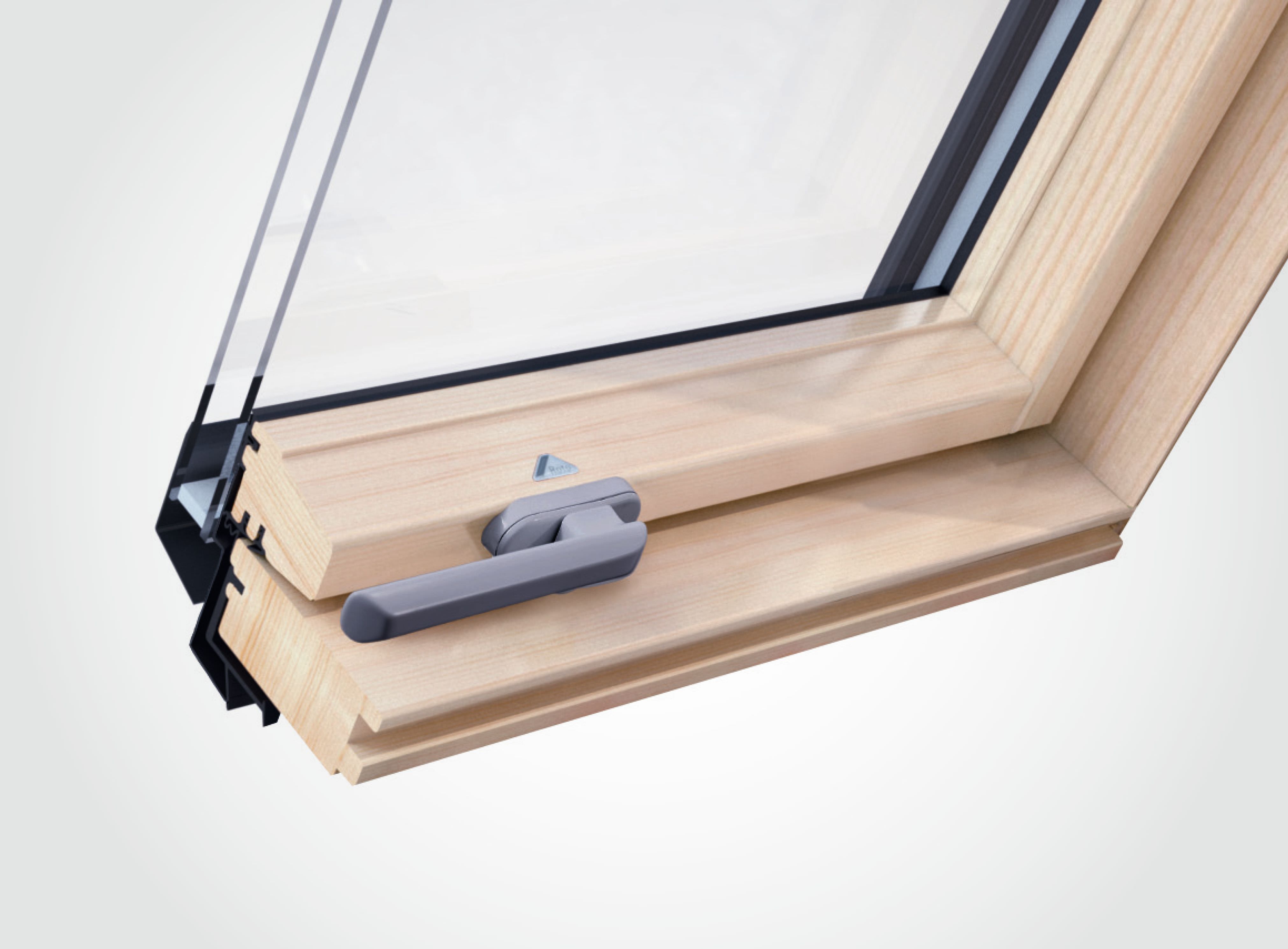 Fenster, Holzrahmen, Dreh-Kippfenster, Kunststoffbeschlag, Griff