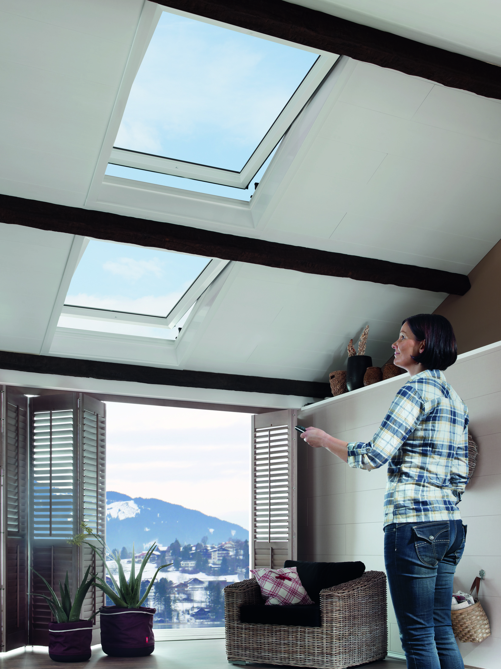 Roto Designo RotoTronic Schwingfenster R6 Kunststoff-807579M Fenster, Dachfenster, Pflanze, Hosen, Person